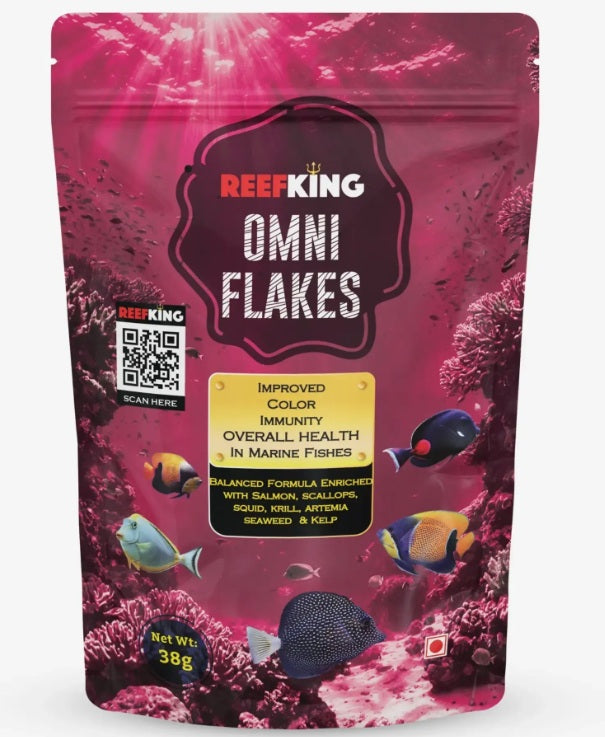 ReefKing Omni Flakes Balanced Formula Enriched with Salmon, scallops, squid, krill, artemia seaweed & Kelp